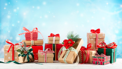  Holiday Christmas concept with gift boxes.