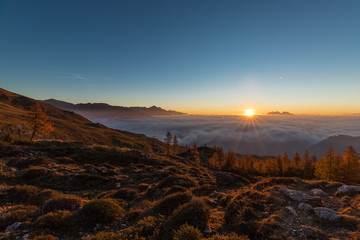 Colorful Autumn Sunrise Above The Clouds In The Lienz Dolomites Above Hochstadelhaus