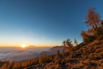 Colorful Autumn Sunrise Above The Clouds In The Lienz Dolomites Above Hochstadelhaus