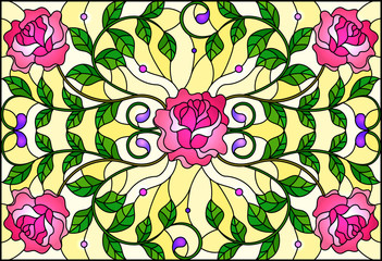 Illustration in stained glass style with pink roses branches on yellow  background, rectangular image