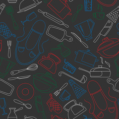 Seamless pattern on the theme of cooking and kitchen utensils, simple contour icons, painted with colored chalks on the dark school Board