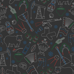 Seamless pattern on the theme of travel in the country of Russia, a simple outline of cartoon icons with a typical country characters, painted with colored chalks on the dark school Board