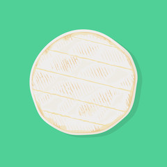 Whole cylinder of fresh camembert de Normandie cheese, top view. Traditional french dairy product. Vector hand drawn illustration.  - obrazy, fototapety, plakaty