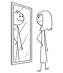 Cartoon stick drawing conceptual illustration of woman looking at herself in the mirror but seeing man inside.