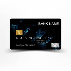 Modern credit card template design. With inspiration from the line abstract. Blue and black color on gray background illustration. Glossy plastic style.