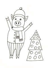 Hand drawn snow winter new year Christmas pig cute
