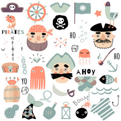 Set of cute piratical and nautical elements. Hand drawn vector illustration