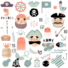Fototapete Piraten Set mit süßen Piraten- und Seeelementen. Handgezeichnete Vektorillustration