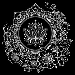Circular pattern in form of mandala with lotus flower for Henna, Mehndi, tattoo, decoration. Decorative ornament in ethnic oriental style. Coloring book page.