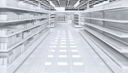 Fototapeta premium Interior of a supermarket with shelves for goods. 3d illustration