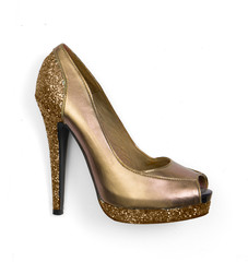 gold glitter high heel peeptoe shoe isolated on white background