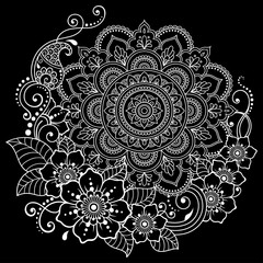 Circular pattern in form of mandala with flower for Henna, Mehndi, tattoo, decoration. Decorative ornament in ethnic oriental style. Coloring book page.