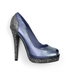 blue silver glitter high heel peeptoe shoe isolated on white background