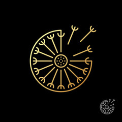 Fluffy gold dandelion logo template on black background. For flower shops, cosmetics store, beauty salons and clinic. Vector illustration.