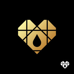 Gold geometric medical heart logo template on black background. Blood Transfusion Service. Vector illustration.