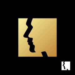 Man head logo template. Beautiful face of a man in the square gold color on black background. Vector illustration.