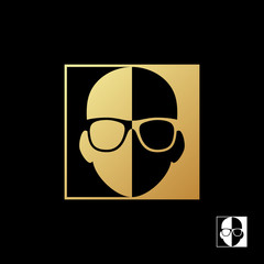 Unknown head in eyeglasses in square logo template. A square and a face of unknown human combined in vector sign. Vector illustration.