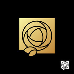 Beautiful gold rose in a square logo template on black background. For flower shops, cosmetics store and beauty salons. Vector illustration.