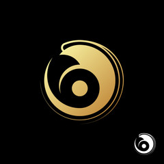 Beautiful sushi roll logo template. Abstract icon of a unusual gold shrimp for bars and cafes on black background. Vector illustration.