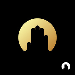 Hand city logo template. Creative gold sign in the shape of hands on black background. Super icon for real estate agencies and construction companies. Vector illustration.