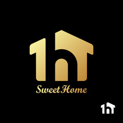 House logo template. Beautiful gold house in forming the letter "h" on black background. Vector illustration.