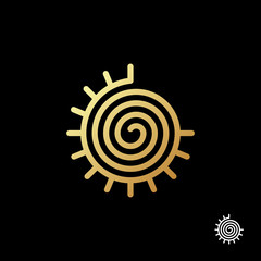 The sun logo template. Swirling gold sun on black background. Vector illustration.
