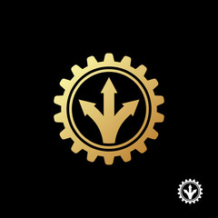 Gold gear logo template. Divergent arrows in opposite directions inside the gear. Vector illustration.