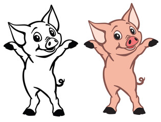 happy piglet . Cartoon little baby pig isolated on white . Black white outline and color vector illustration