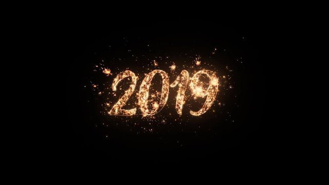 2019 Happy New Year greeting text with particles and sparks on black night sky with colored slow motion fireworks on background, beautiful typography magic design.