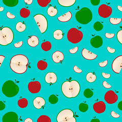 Apples seamless vector pattern. Red and green apple flat style whole and cut on blue background. Natural organic food and Harvest concept.