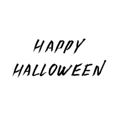 Happy Halloween hand written with brush. Grunge style lettering. Black gouache drawing isolated on white background.
