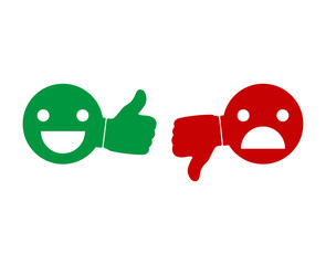 Emoticons set demonstrating opposing emotions. Cheerful and sad smiley. Emoji collection showing different gestures. Yes and No. like and dislike. Thumb up and down.