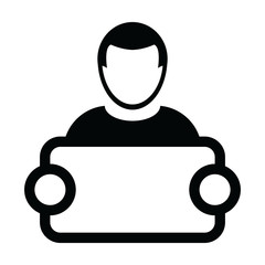 Banner icon vector male person profile avatar symbol with signboard for advertising campaign in glyph pictogram illustration