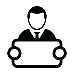 News icon vector male person profile avatar symbol with signboard for advertising campaign in glyph pictogram illustration
