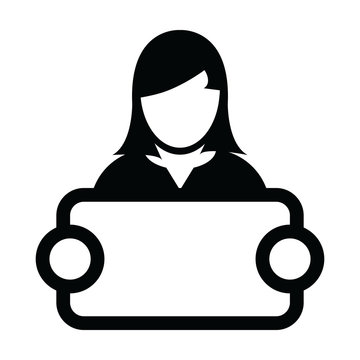 recommend clip art: Banner icon vector female person profile avatar symbol with signboard for advertising campaign in glyph pictogram illustration