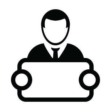 recommend clip art: News icon vector male person profile avatar symbol with signboard for advertising campaign in glyph pictogram illustration