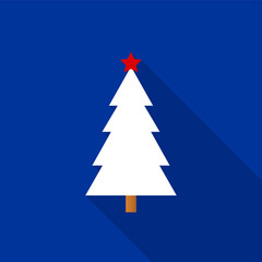 Obraz premium White Christmas tree icon with a red star and long shadow on a blue background. Vector Illustration EPS 10