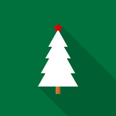 White Christmas tree icon with a red star and long shadow on a green background. Vector Illustration EPS 10