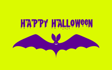 Scary vampire bat, vector illustration. Happy Halloween lettering, green and purple colors.