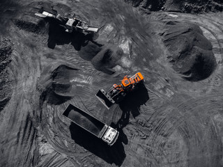 Open pit mine, extractive industry for coal, top view aerial drone