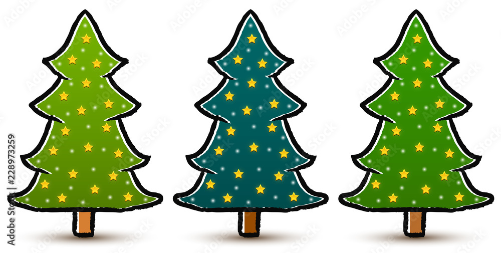 Poster Set of drawn abstract coniferous trees decorated with stars isolated on white background. Three shades of green. Vector EPS 10