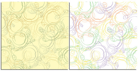 Fototapeta na wymiar Set of seamless Christmas patterns with colored ribbons in neutral colors on a beige and light background. Drawn with a pen, vector ribbons for background, wrapping paper, wallpaper.
