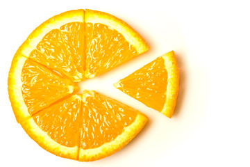 Orange slice cut into sectors, parts - a symbol, abstraction isolate
