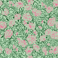 Pink Roses Seamless Pattern on Green Background