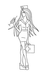 Vector hand drawn illustration of beautiful thin girl nurse with suringe, long hair. Colorless woman. Black and white picture for coloring