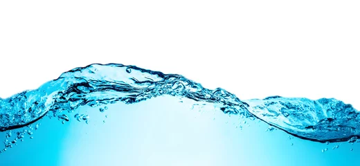 Foto op Plexiglas Water Blauwe watergolf met bubbels close-up achtergrondstructuur geïsoleerd op de top. Groot formaat grote foto.