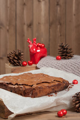 Homebaked Chocolate And Cherry Brownie. Christmas Decorations.