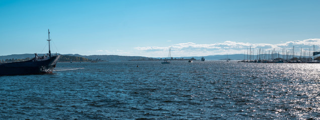 Boats on the sea. Panoramic view to the sea. Sunny day, scandinavian nature. Stunning landscape. Oslo, Norway
