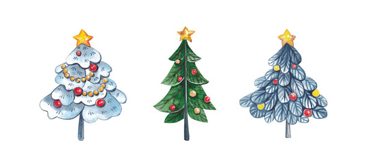  Christmas elements, decorated Christmas tree. Watercolor illustration.