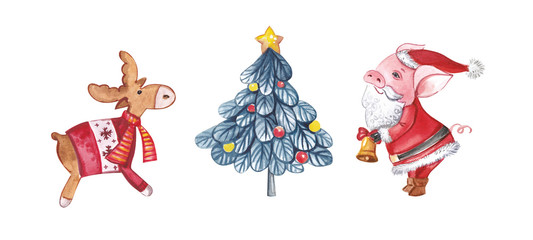  Christmas elements, a pig in a Santa Claus costume with a deer in a sweater and a decorated Christmas tree. Symbol of the year 2019.